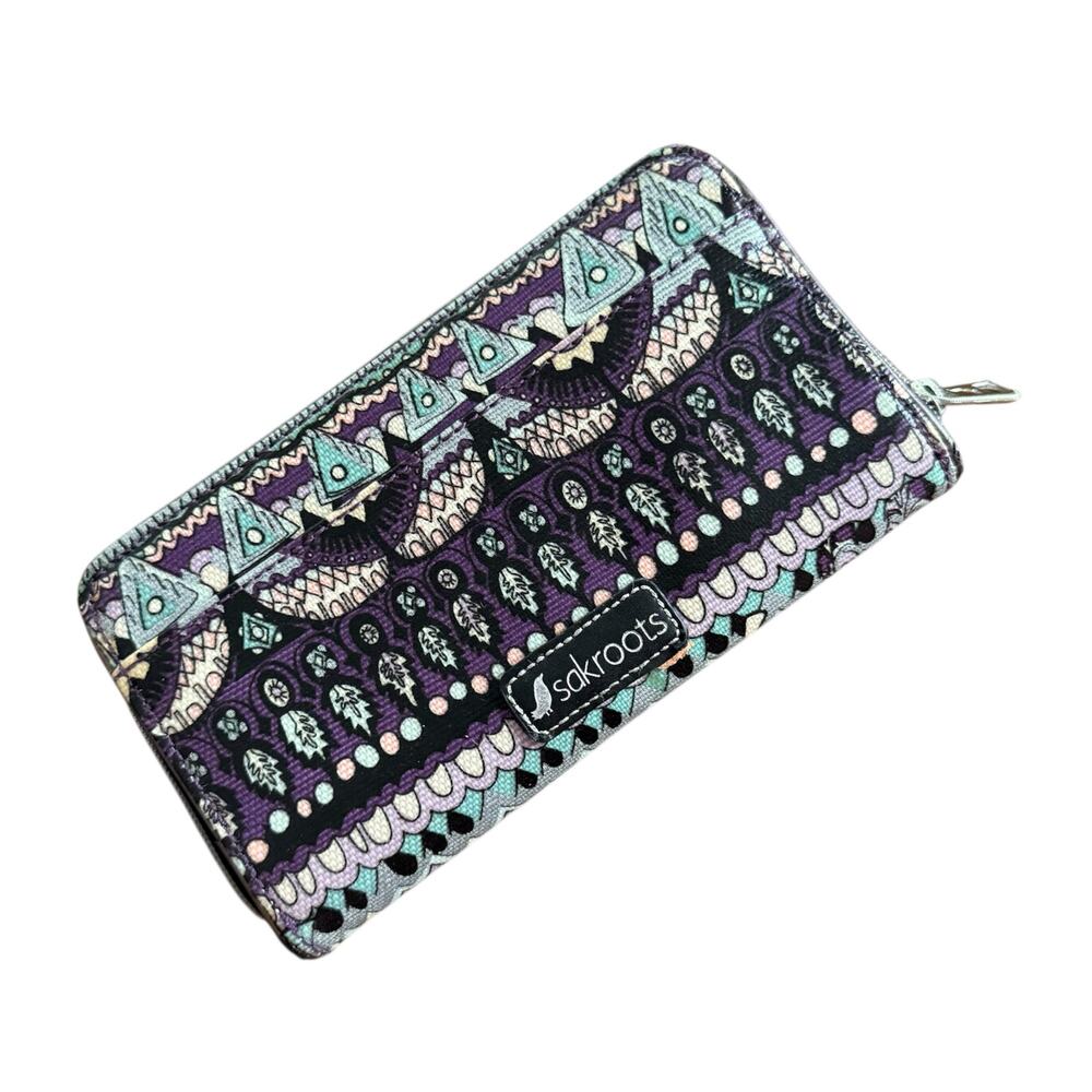 Sakroots Large Zip Around Wallet Organizer Clutch Purple Teal Pink Elephant Boho